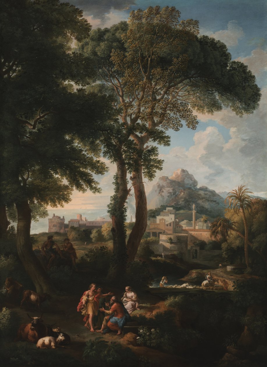 Een klassiek rivierlandschap met figuren die elkaar begroeten op een weg op de voorgrond, een uitzicht op een stad in de verte door Jan Frans van Bloemen