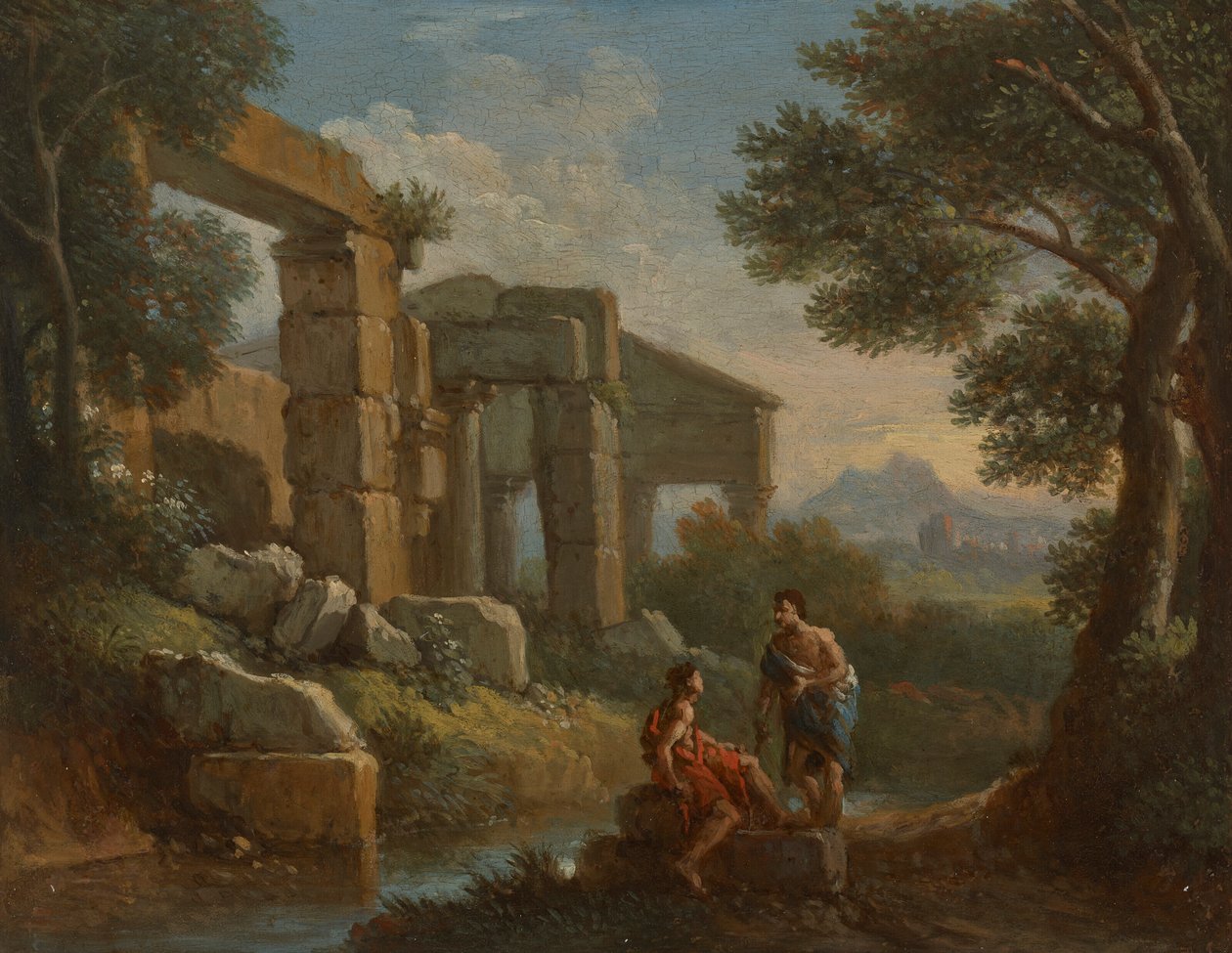 Een klassiek landschap met twee figuren door Jan Frans van Bloemen