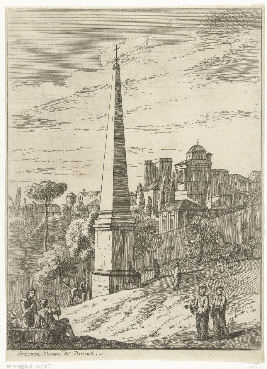 Italianiserend landschap met obelisk en gezicht op stad door Jan Frans van Bloemen