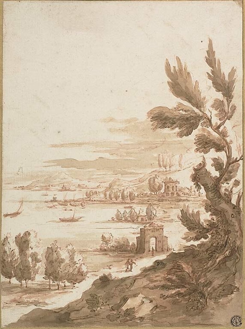 Uitzicht vanaf een heuvel met uitzicht op een haven door Jan Frans van Bloemen