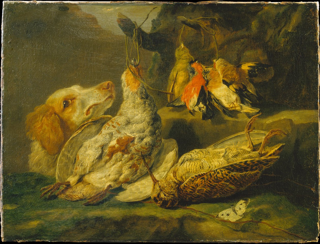 Stillleben mit Jagdhund und totem Geflügel door Jan Fyt