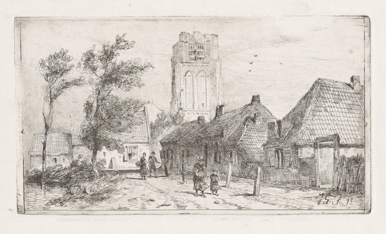 Dorpsgezicht met kerktoren door Jan Gerard Smits