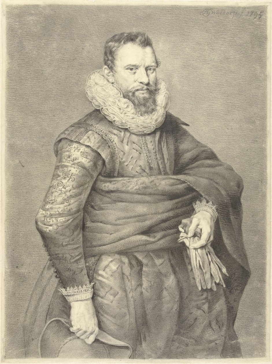 Portret van een man met handschoenen en hoed in de hand, naar rechts door Jan Gerard Waldorp