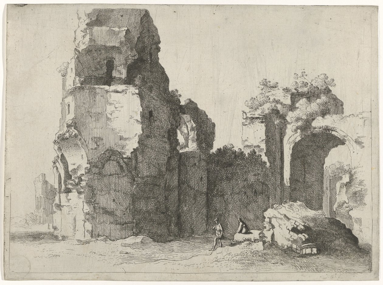 Romeinse ruïnes met twee figuren door Jan Gerritsz. van Bronckhorst