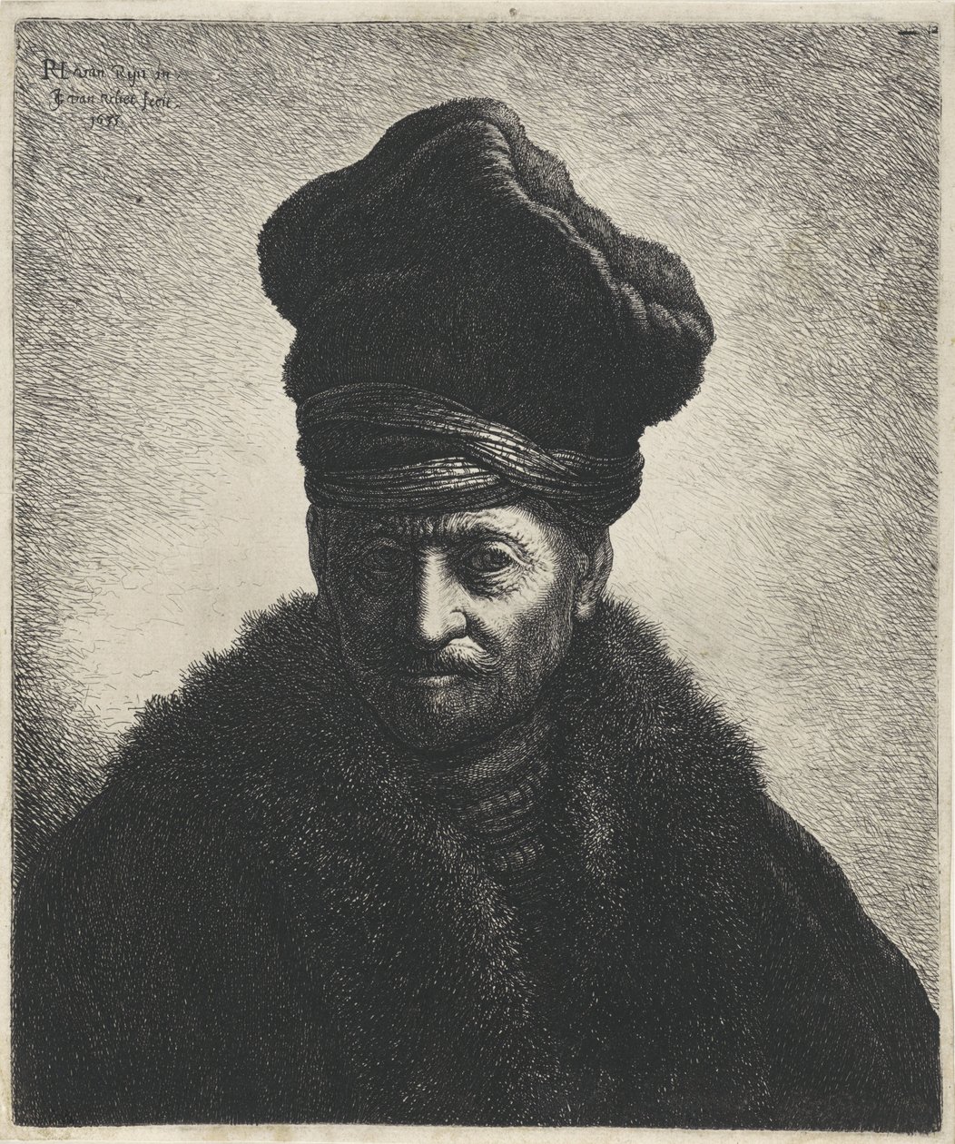 Buste van een man met bontmuts door Jan Gillisz. van Vliet