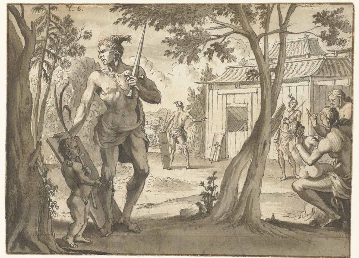 Mensen bij een houten gebouw door Jan Goeree