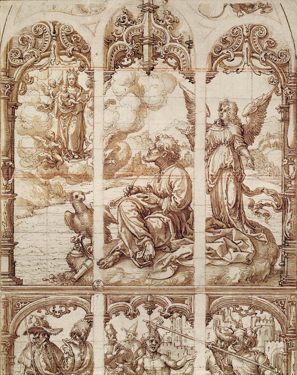 Sint Jan de Evangelist ontvangt zijn visioenen op het eiland Patmos (wassing op papier) door Jan Gossaert
