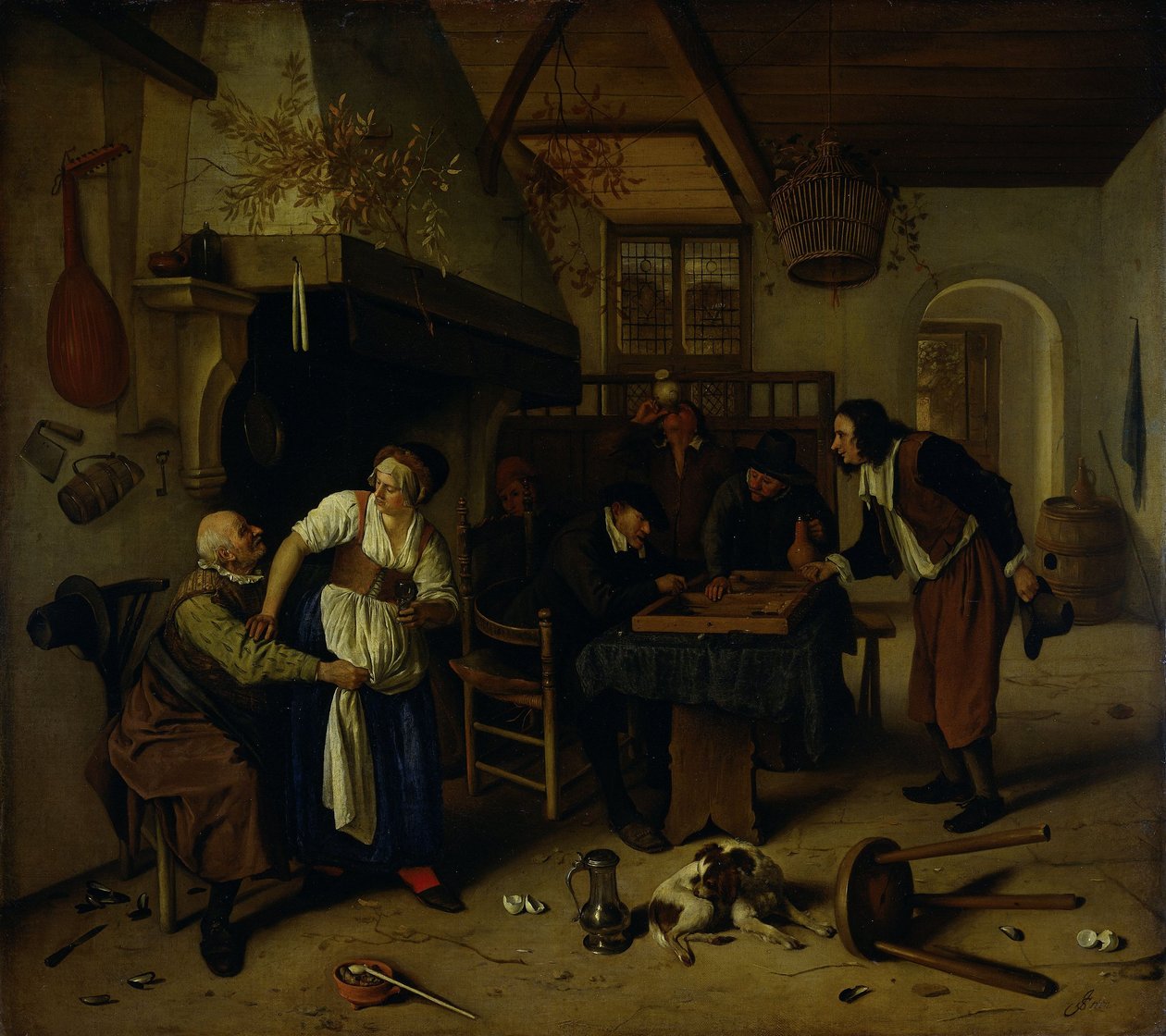 Interieur van een herberg met een oude man die zich vermaakt met de waardin en twee mannen die backgammon spelen, bekend als 