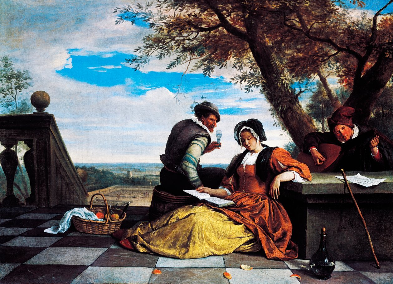 Twee mannen en een jonge vrouw maken muziek op een terras door Jan Havicksz. Steen