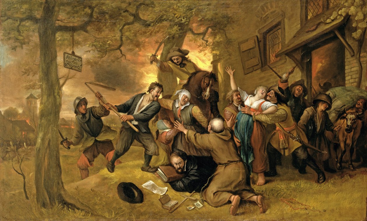 Boeren en Soldaten Buiten een Herberg - Een Allegorie van de Verkrachting van Nederland door Jan Havickszoon Steen