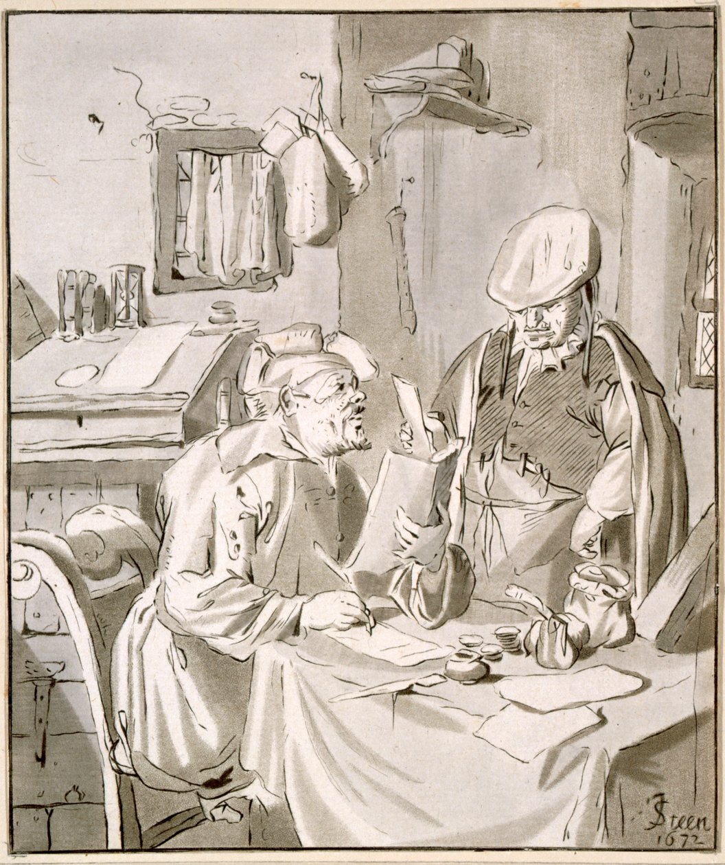 Twee mannen bespreken geld in een kantoor, 1672, gekopieerd door Cornelis Ploos van Amstel of Christian Josi door Jan Havickszoon Steen