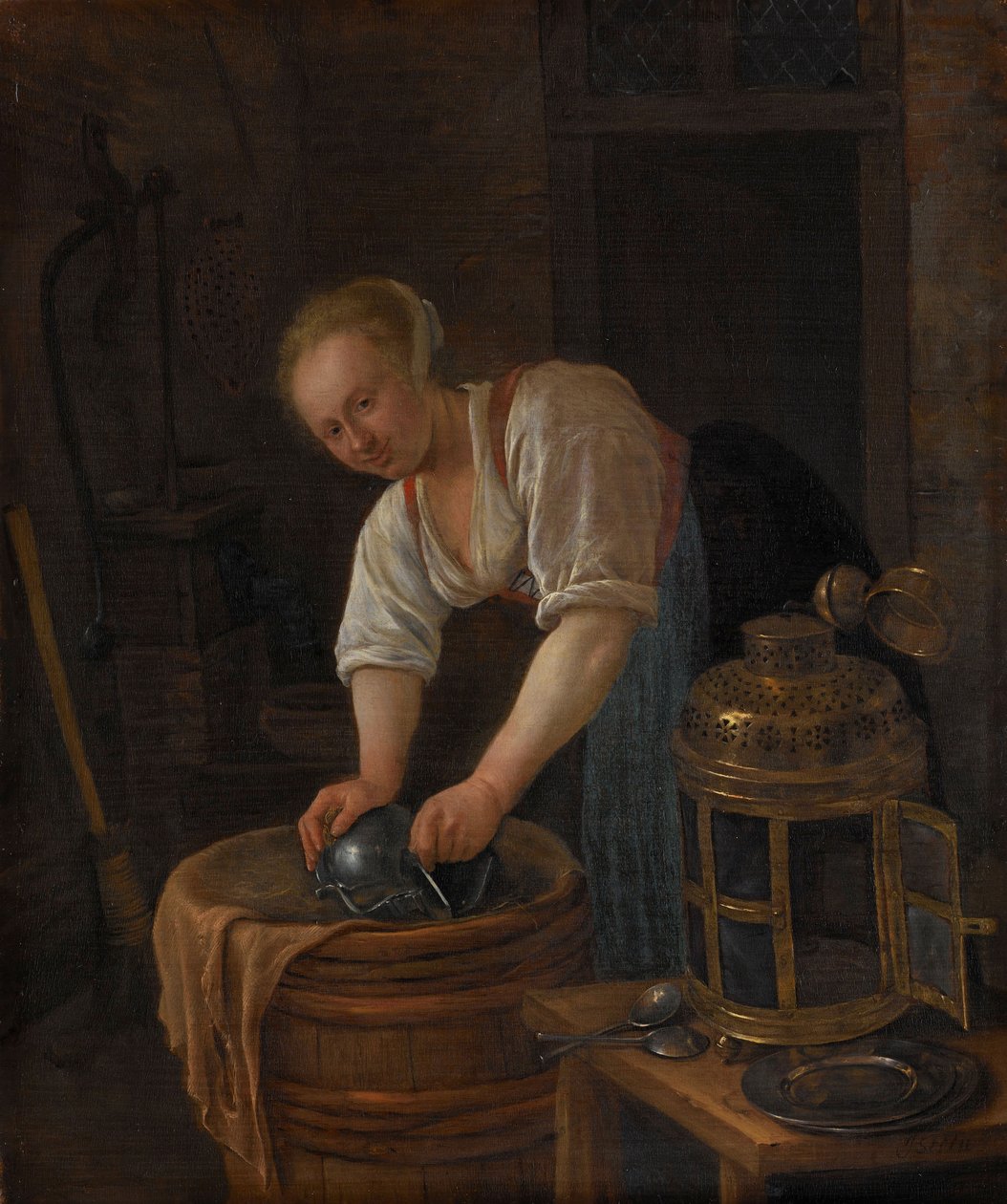 Vrouw die Metalen Voorwerpen Schuurt, 1650-60 door Jan Havickszoon Steen