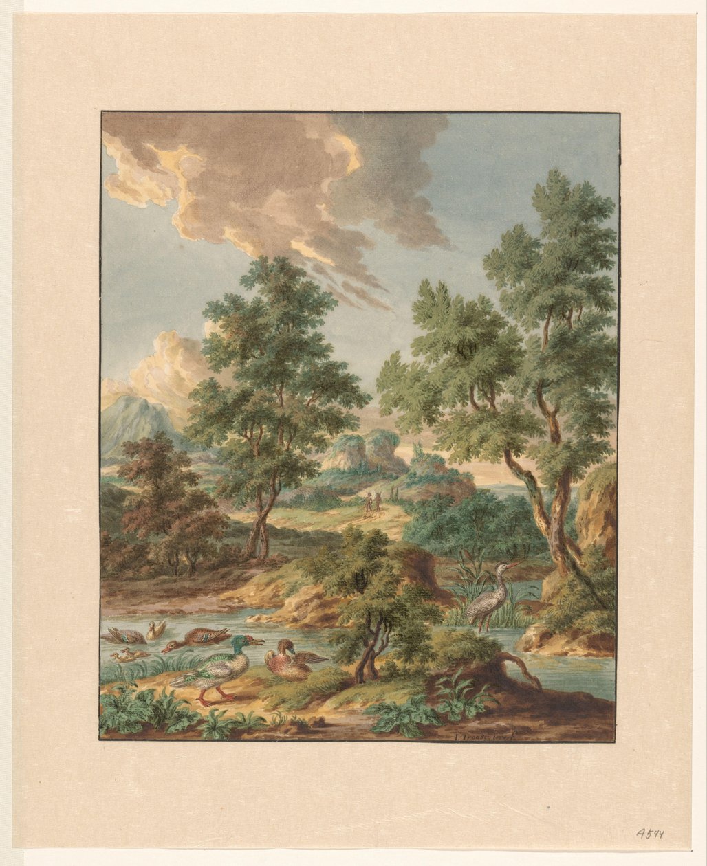 Landschap met watervogels in een poel door Jan Hendrik Troost van Groenendoelen