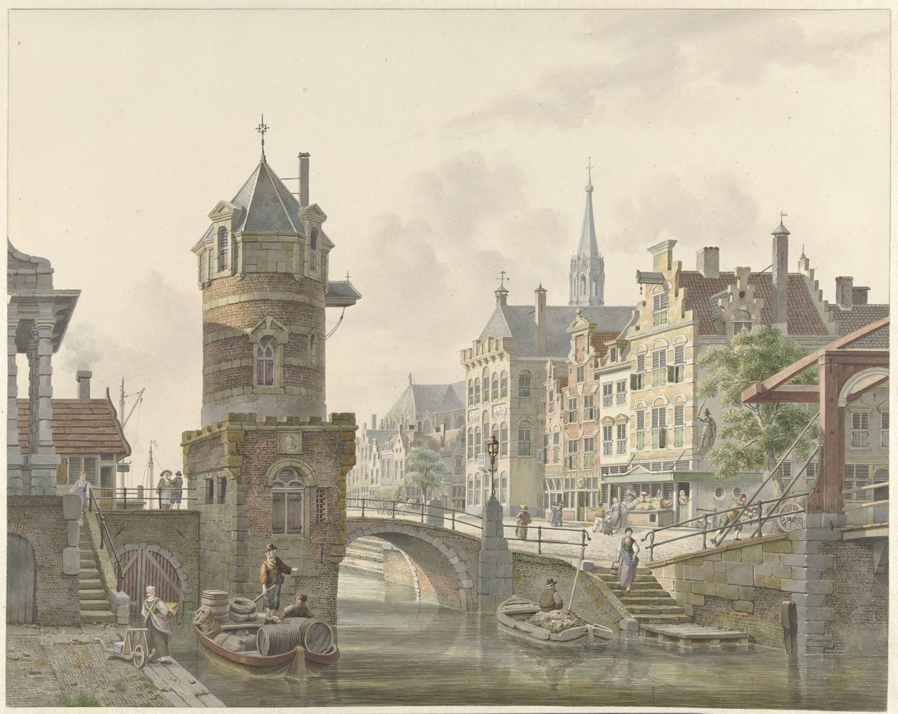 Gracht in een stad met een torentje bij een stenen brug door Jan Hendrik Verheijen