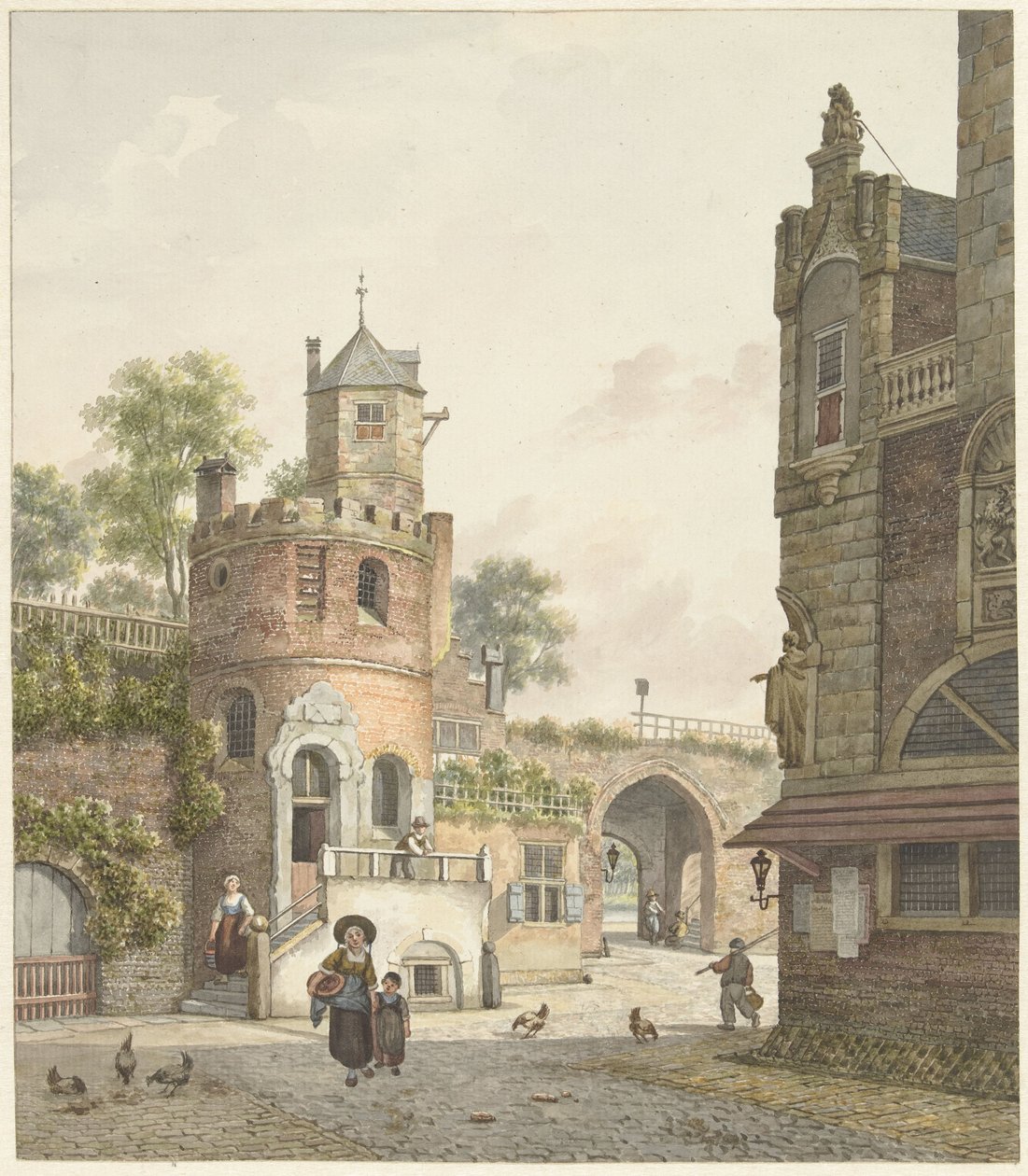 Stadsmuur met een toren en een poort, van binnen gezien door Jan Hendrik Verheijen