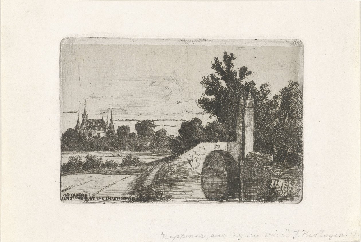 Landschap met stenen brug en kasteel door Jan Heppener
