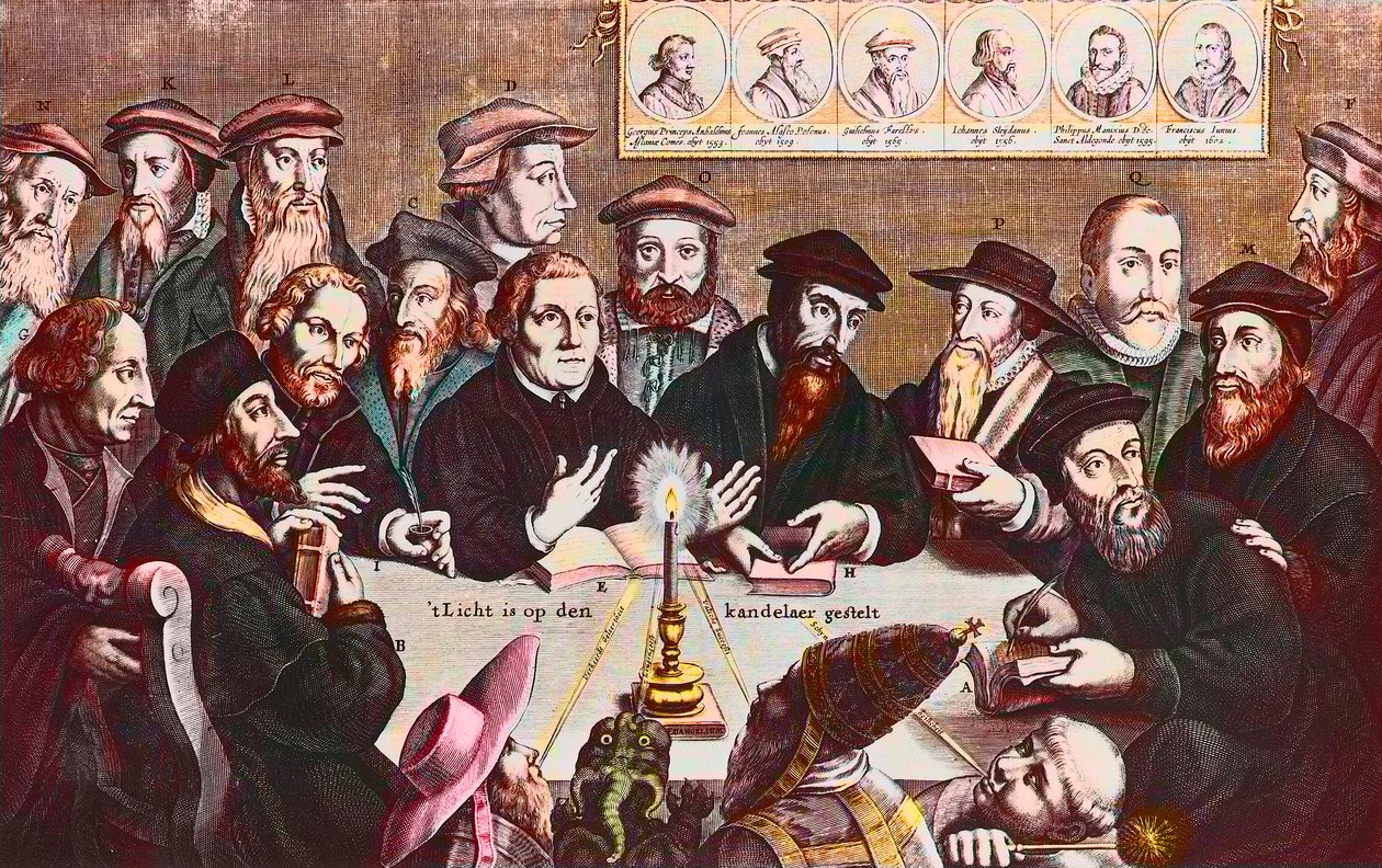 Het licht wordt op de kandelaar geplaatst - Gravure door Jan Houwens toont De hervormers - Johannes Calvijn en Maarten Luther door Jan Houwens