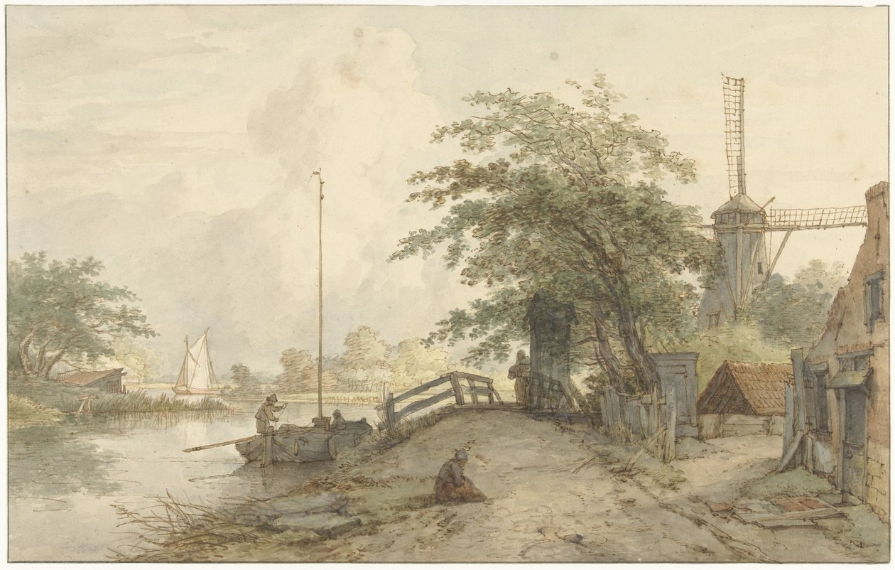 Landschap met Bruggetje en Huis aan Weg langs een Water door Jan Hulswit