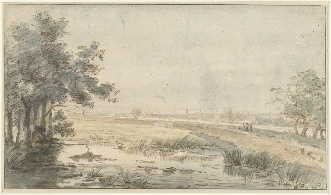 Landschap met een hengelaar aan het water door Jan Hulswit