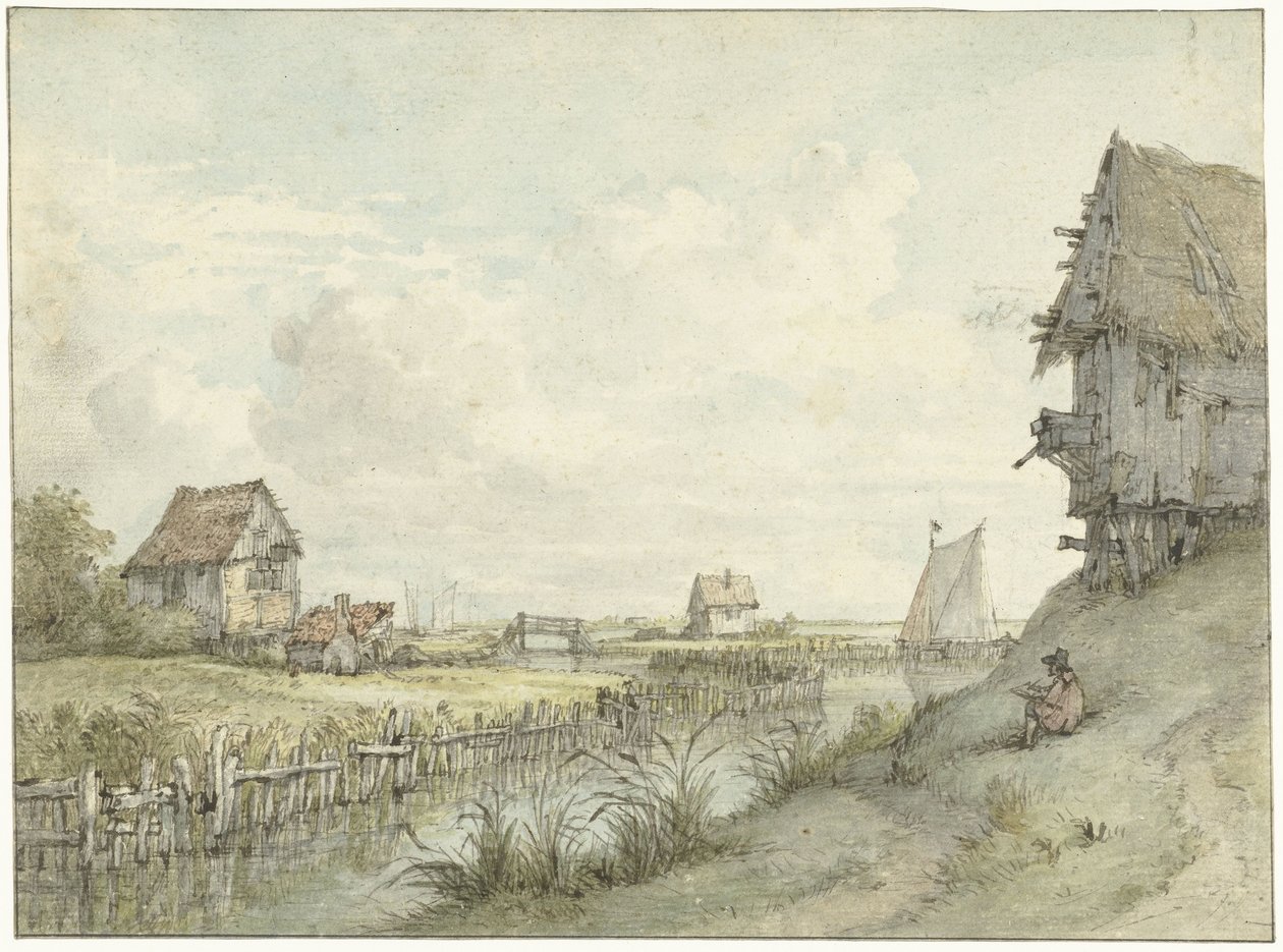 Rivierlandschap met schetsende tekenaar tussen hutjes door Jan Hulswit