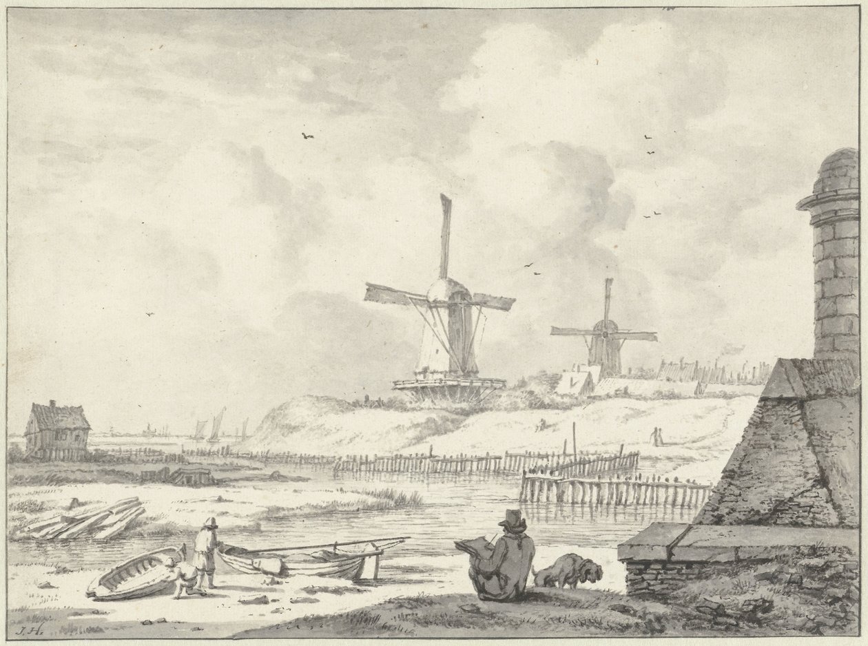 Schetsende tekenaar op de Hoogendijk, buiten de Haarlemmer Poort door Jan Hulswit