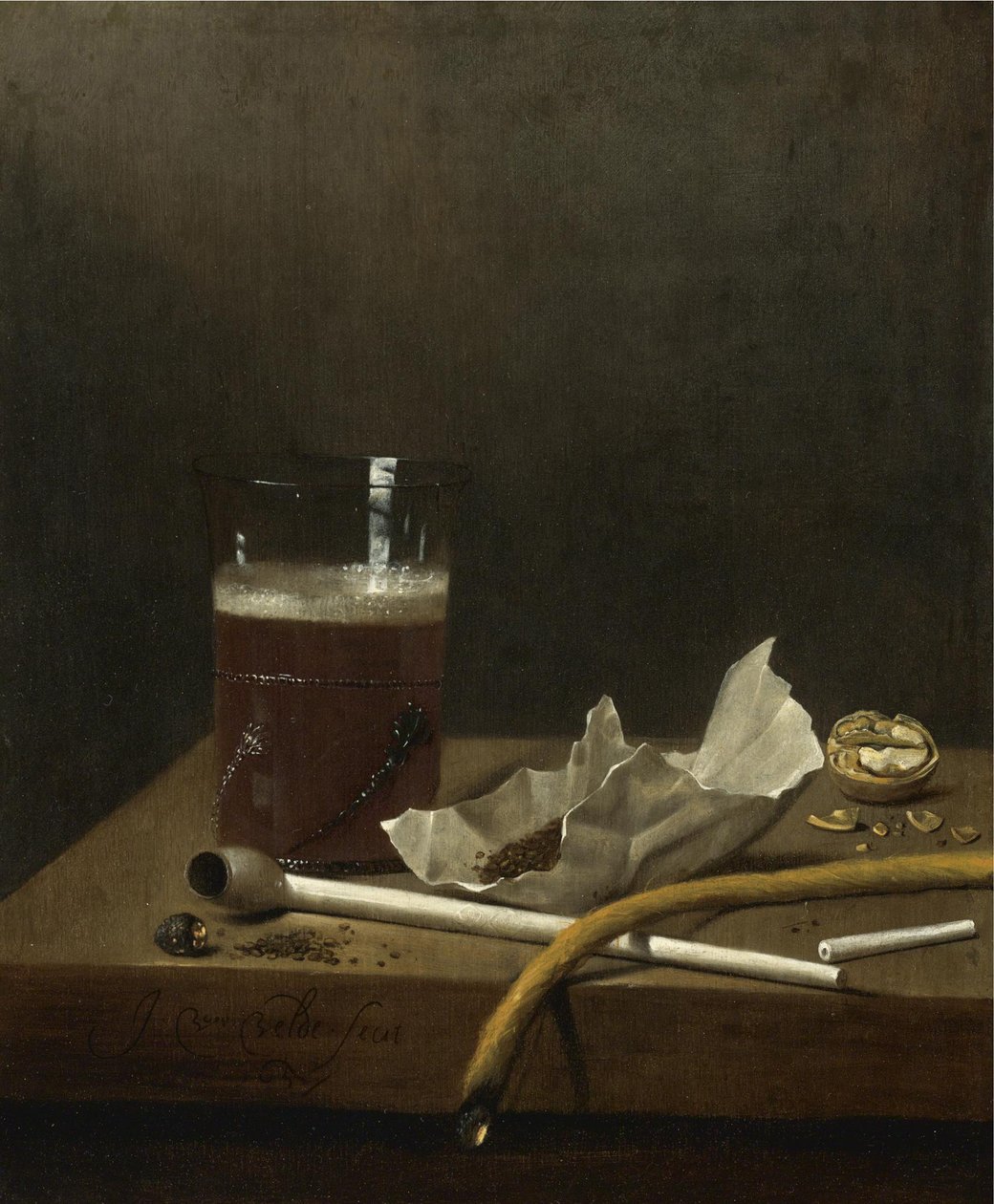 Stilleven met een glas bier, een pijp, tabak en andere benodigdheden voor het roken, 1658 door Jan III van de Velde