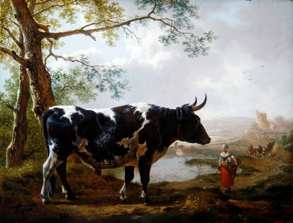 Een prijsstier in een weelderig landschap door Jan II Kobell