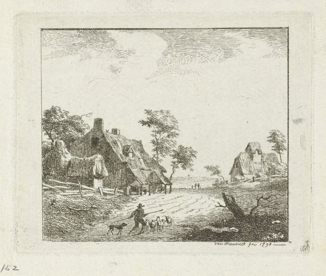 Landschap met herder en schapen bij twee boerderijen door Jan Izaak van Mansvelt