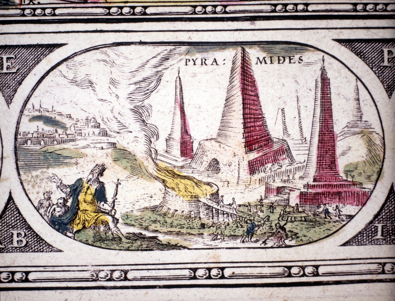 Voorstelling van de Zeven Wonderen van de Oudheid: de Piramides van Egypte. in de Atlas van Jansson Jannsonius gedrukt in Amsterdam in 1630. Privécollectie door Jan Janssonius