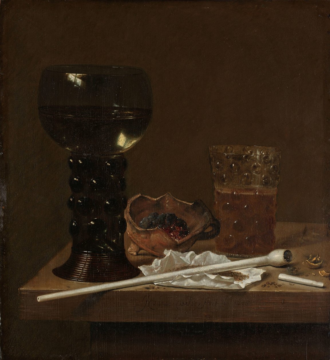 Stilleven met roemer, bierglas en een pijp door Jan Jansz. van de Velde (III)