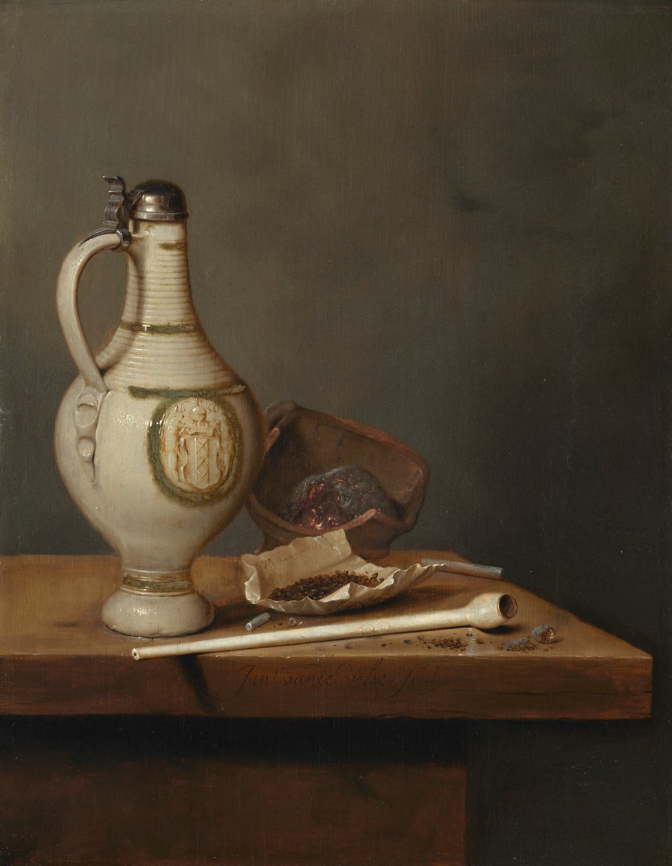 Stilleven met steengoed kan en pijp, midden 1650 (olieverf op paneel) door Jan Jansz. van de Velde