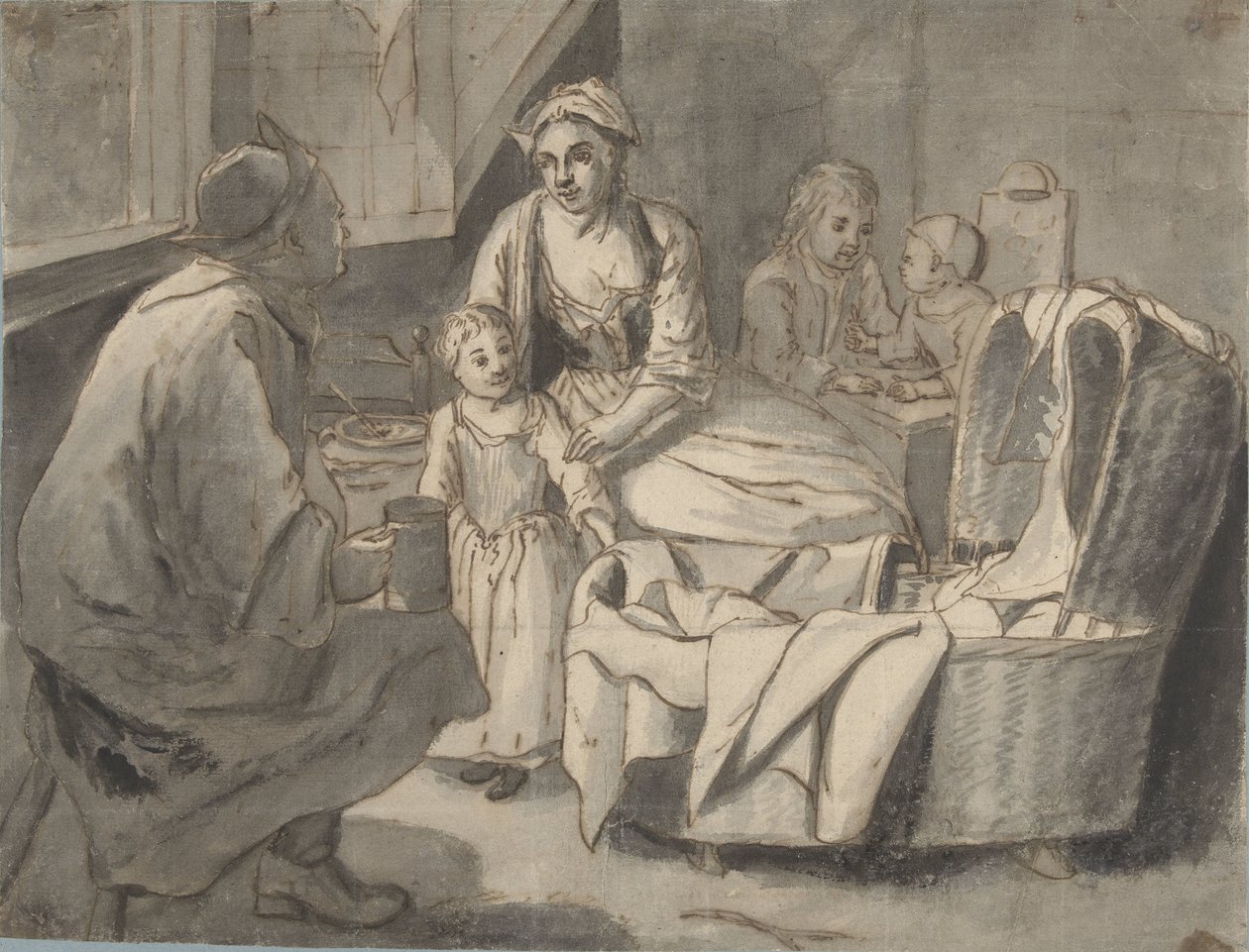 Interieur met een familie met kinderen door Jan Josef Horemans (II) (possibly)
