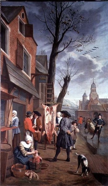 Buiten de slager (een van een serie van vier) door Jan Josef the Younger Horemans