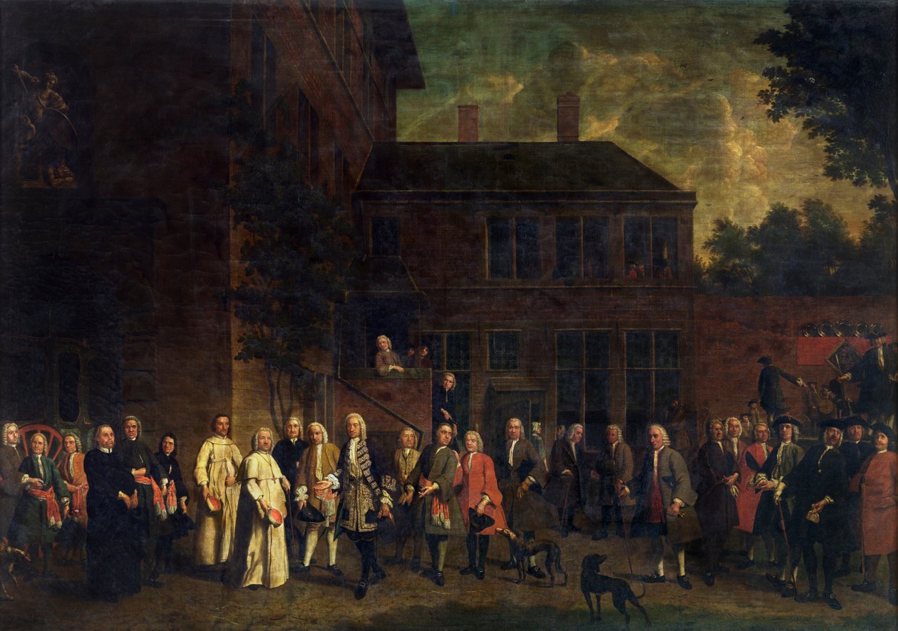 De leden van het schermersgilde verwelkomen de abt van Sint-Michiels door Jan Josef the Younger Horemans