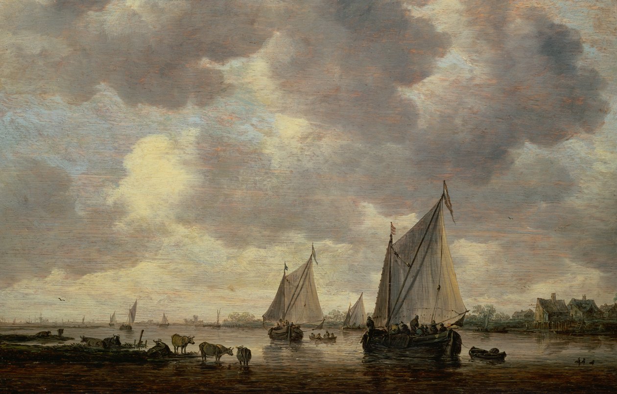 Een Kanaal in Nederland, of Twee Grote Zeilschepen en Vee bij een Rivier door Jan Josephsz van Goyen