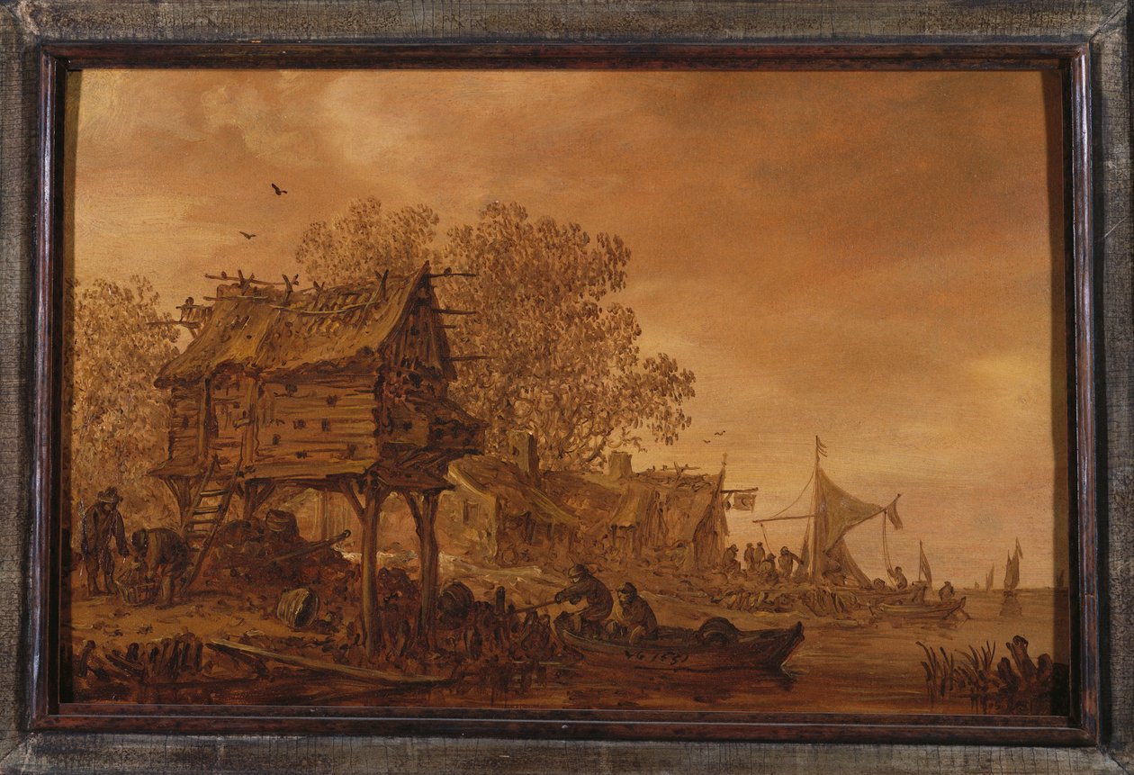 Een Dorp aan een Rivieroever met Boeren in een Boot bij een Duiventil, 1651 door Jan Josephsz van Goyen