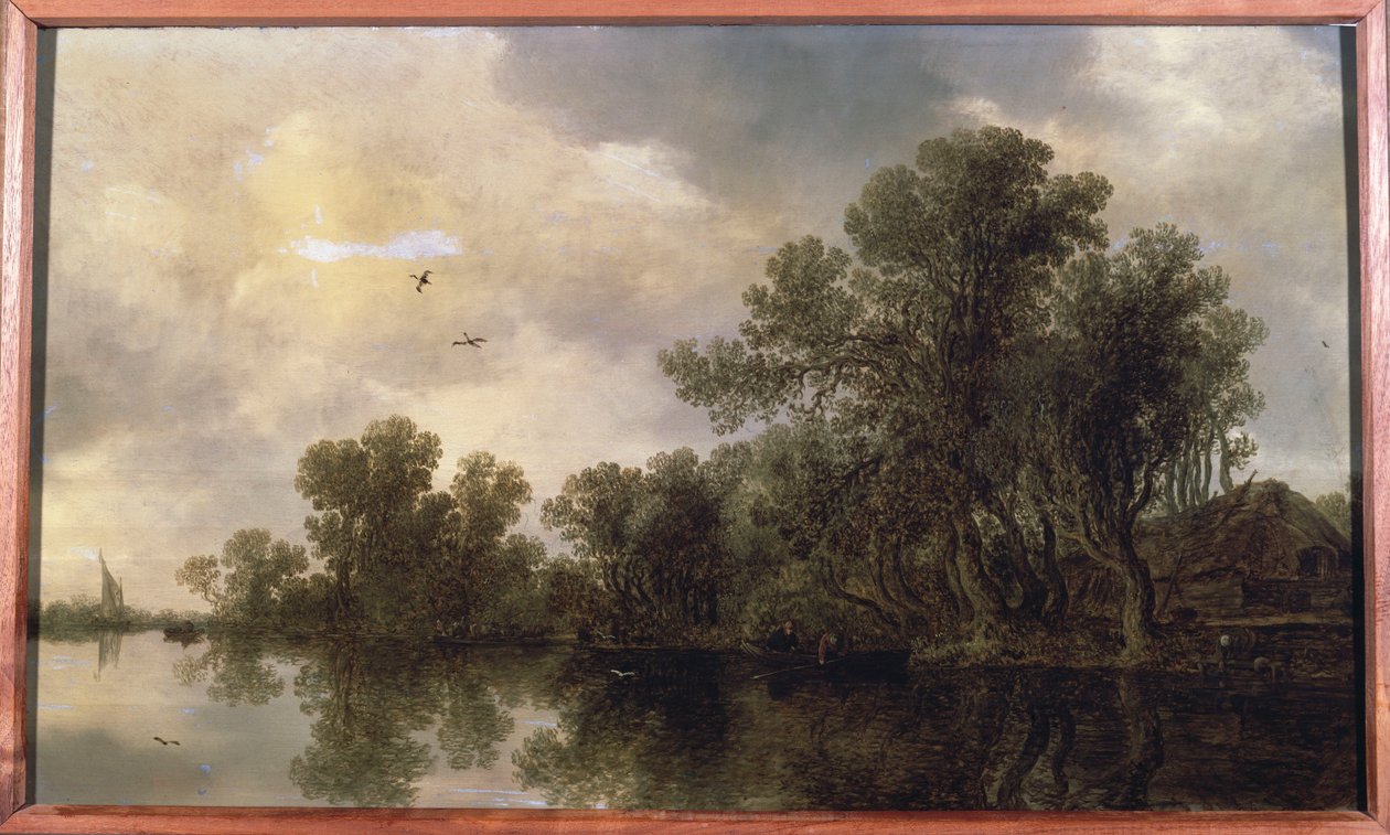 Een bebost rivierlandschap, met boeren in een roeiboot bij een huisje en een veerboot, een zeilboot in de verte, 1633 door Jan Josephsz van Goyen