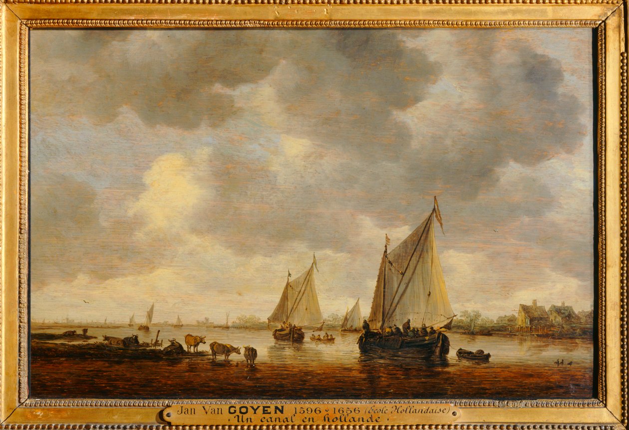 Deux grandes barques à voiles sur un fleuve et bestiaux près de la rive - Twee grote zeilboten op een rivier en dieren op de oevers ... door Jan Josephsz van Goyen