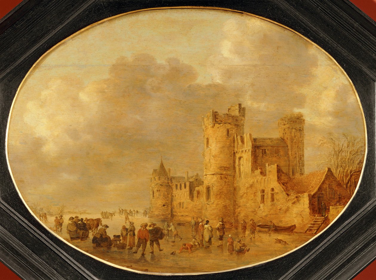 Schaatsers voor een middeleeuws kasteel ... door Jan Josephsz van Goyen