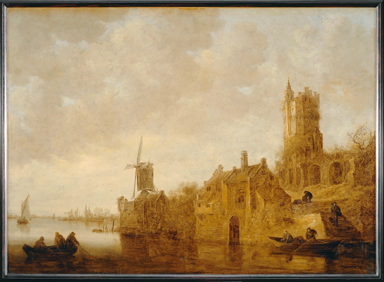 Rivierlandschap met vervallen molen en chi¢teau ... door Jan Josephsz van Goyen