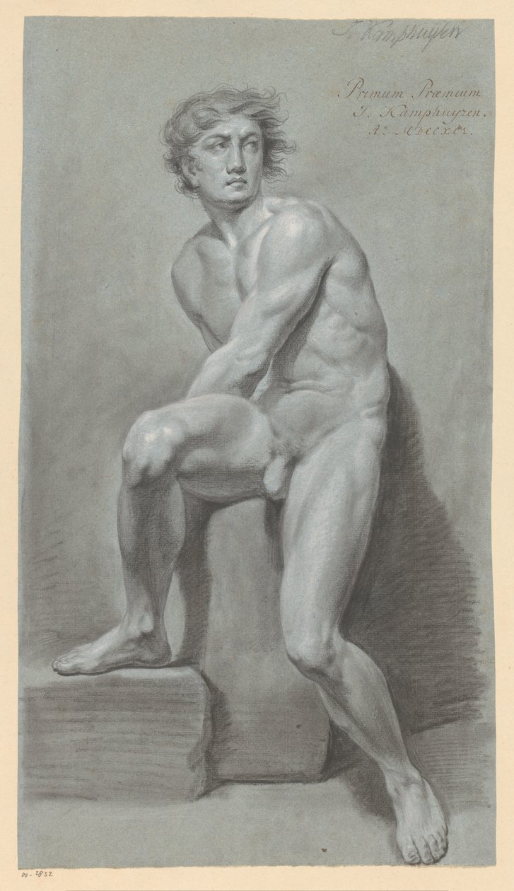 Zittend mannelijk naakt, van voren gezien (1e prijs 1791) door Jan Kamphuijsen
