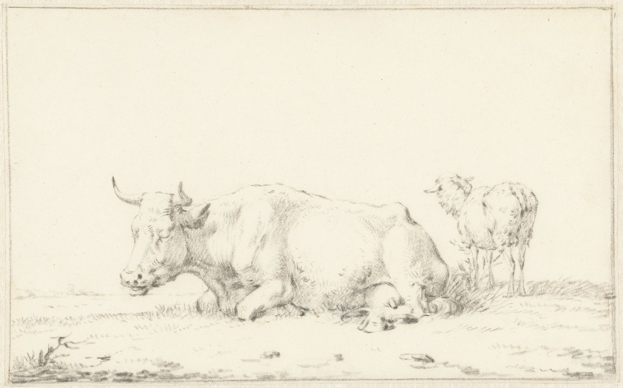 Liggende koe naar links en rechts een schaap door Jan Kobell (II)