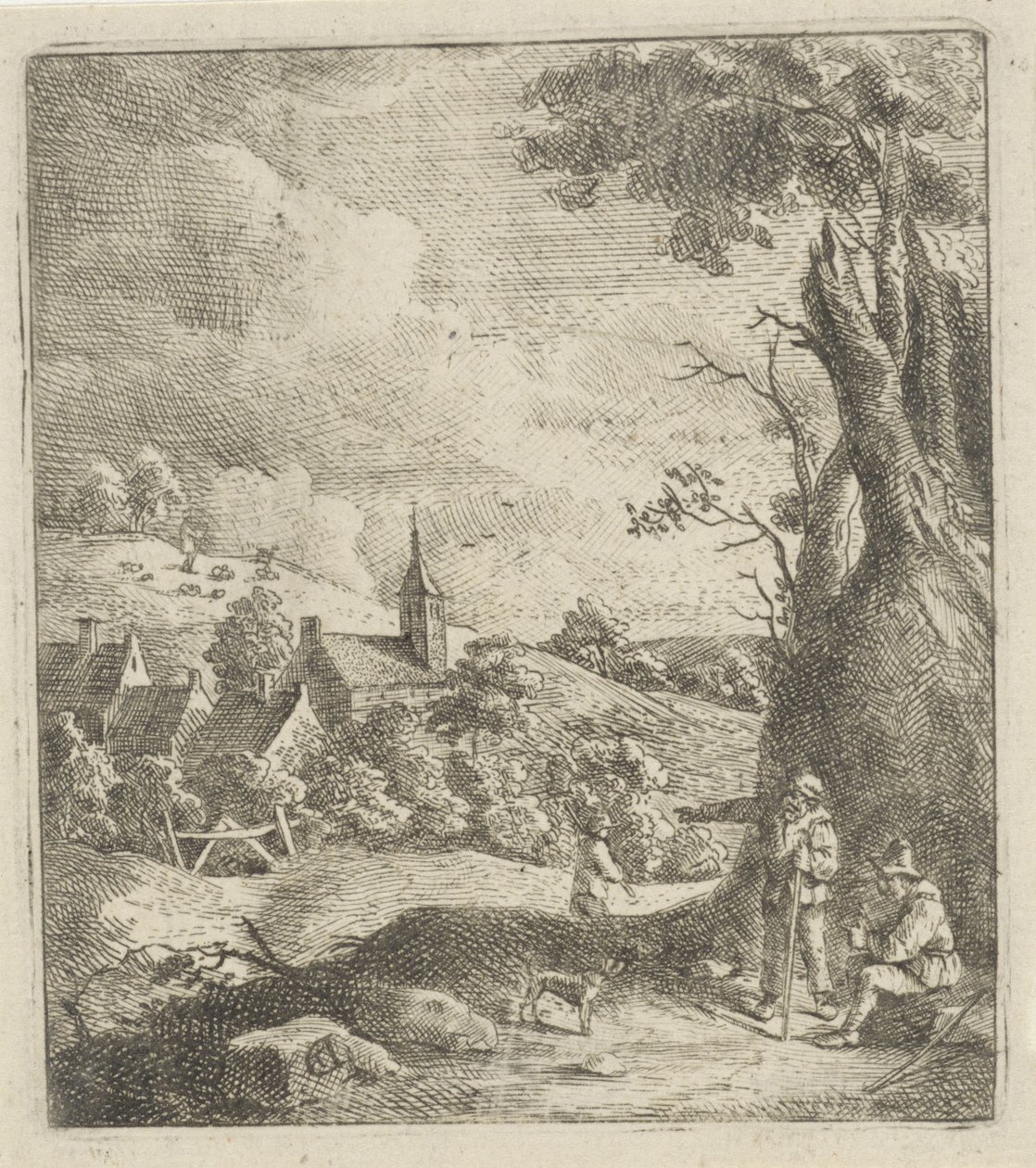 Landschap met een dorp en twee mannen bij een boom door Jan Lauwryn Krafft (I) (attributed to)