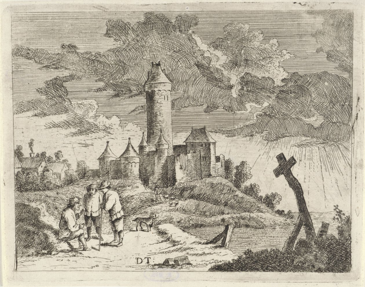 Landschap met kasteel en drie mannen door Jan Lauwryn Krafft (I) (possibly)