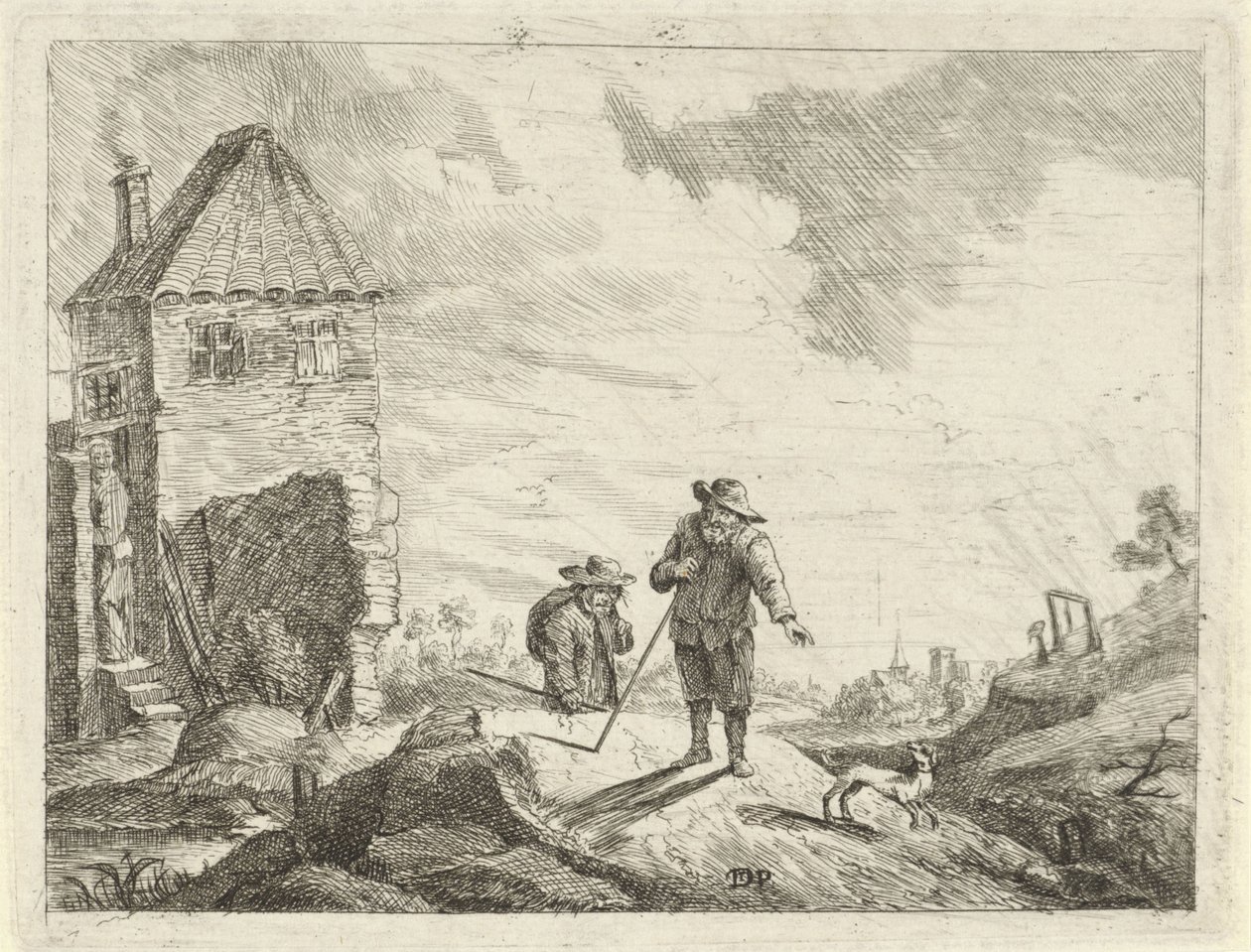 Twee boeren met een hond op een landweg door Jan Lauwryn Krafft (I) (possibly)