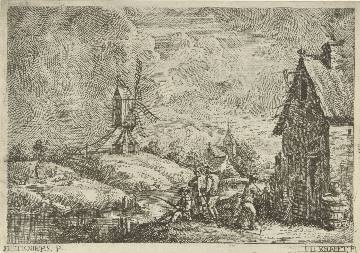 Landschap met herberg en een molen door Jan Lauwryn Krafft (I)