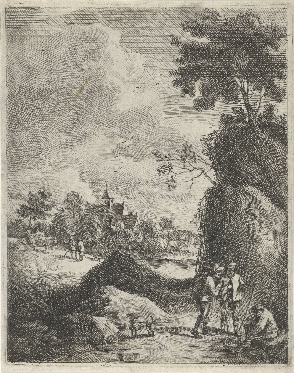 Landschap met reizigers en twee herders door Jan Lauwryn Krafft (I)