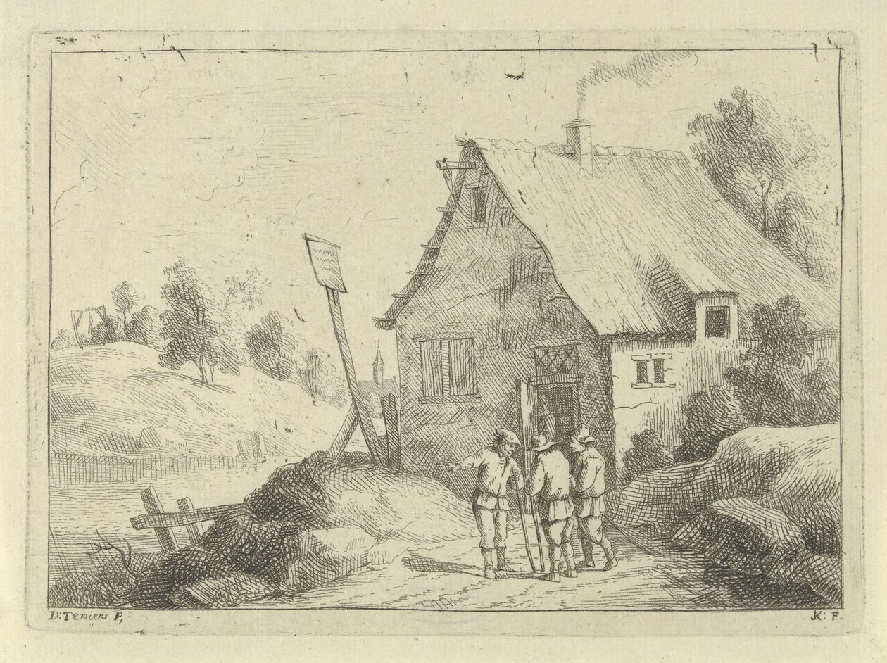 Pratende mannen voor een huis door Jan Lauwryn Krafft (I)
