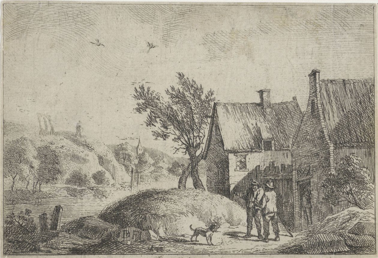 Twee mannen met een hond in een landschap door Jan Lauwryn Krafft (I)