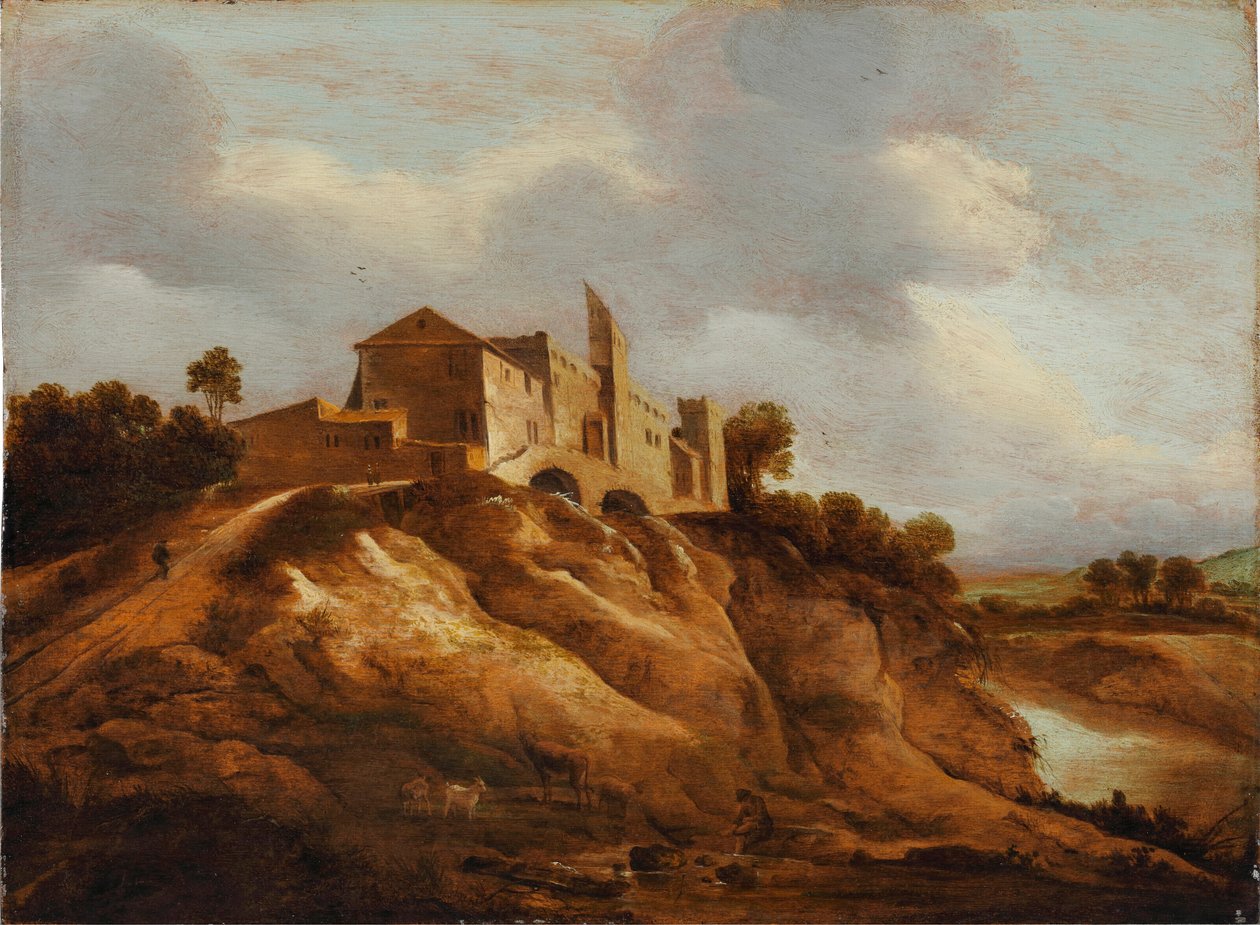 Een rotsachtig landschap met een versterkt kasteel dat uitkijkt over een rivier door Jan Lievens